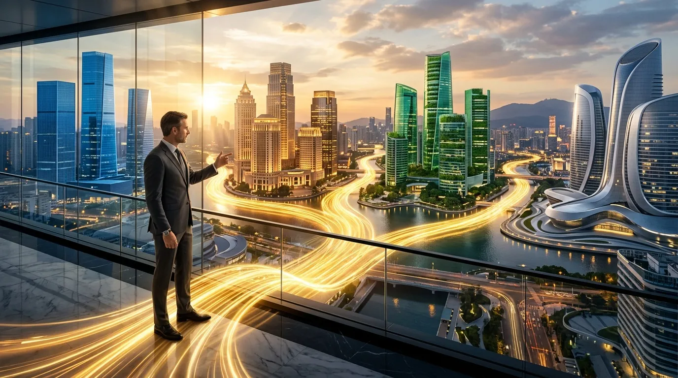 Homme d'affaires observant une ville moderne illuminée au coucher de soleil