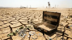 Valise ouverte sur terre craquelée désertique abandonnée