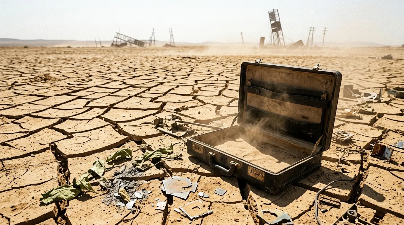 Valise ouverte sur terre craquelée désertique abandonnée