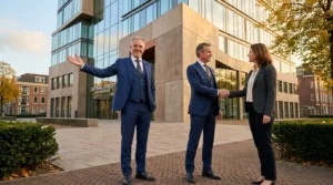 Trois professionnels en costume signent un accord devant immeuble moderne