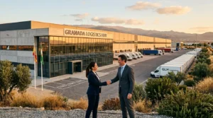 Deux professionnels se serrent la main devant le Granada Logistics Hub