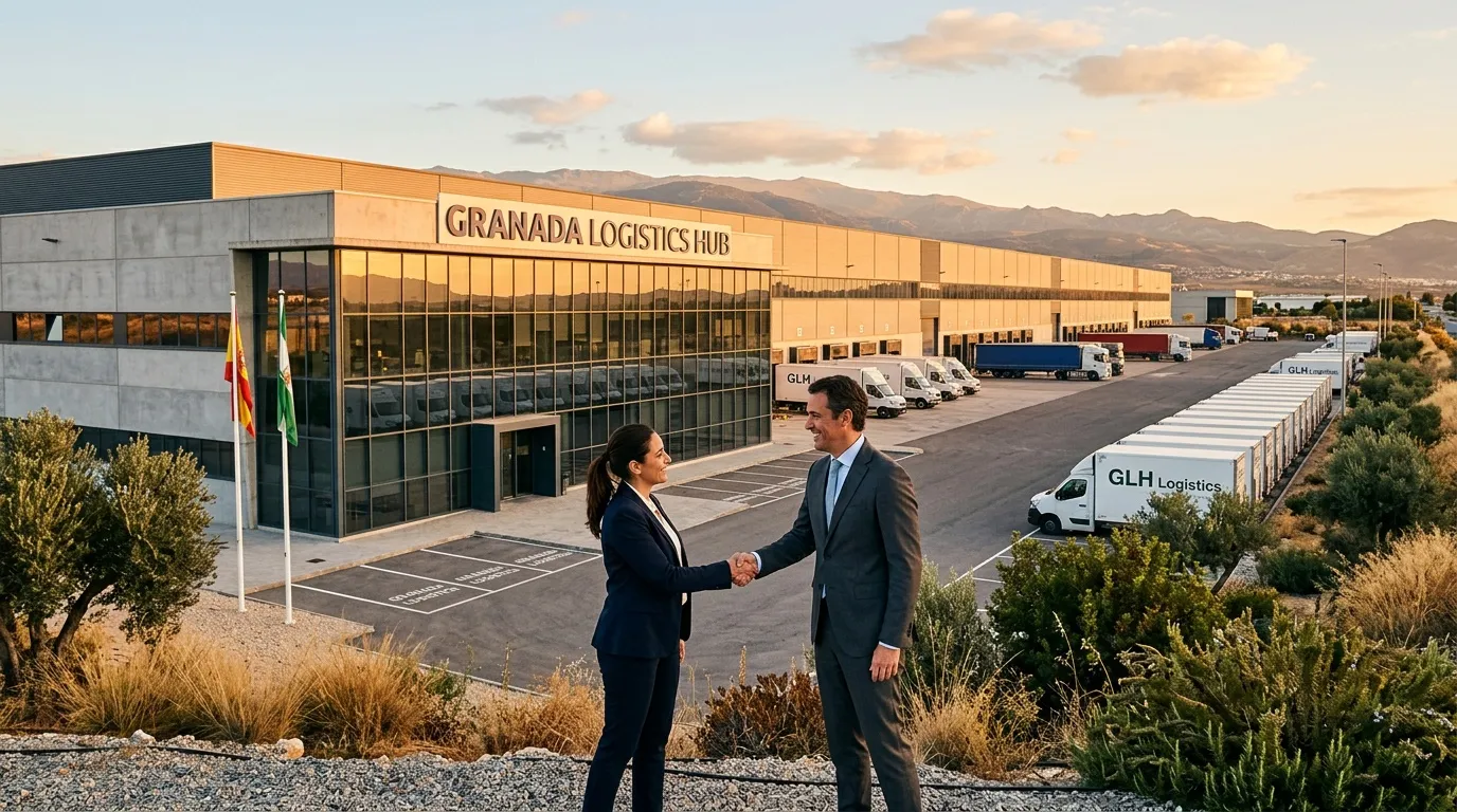 Deux professionnels se serrent la main devant le Granada Logistics Hub