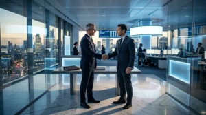 Deux hommes d'affaires se serrent la main dans un bureau moderne