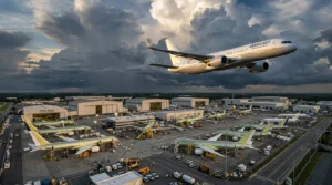 Avion Aeroflight survolant un hangar aéronautique industriel