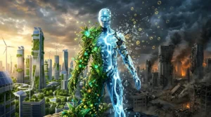 Futuriste montrant transition écologique et technologie numérique.