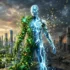 Futuriste montrant transition écologique et technologie numérique.