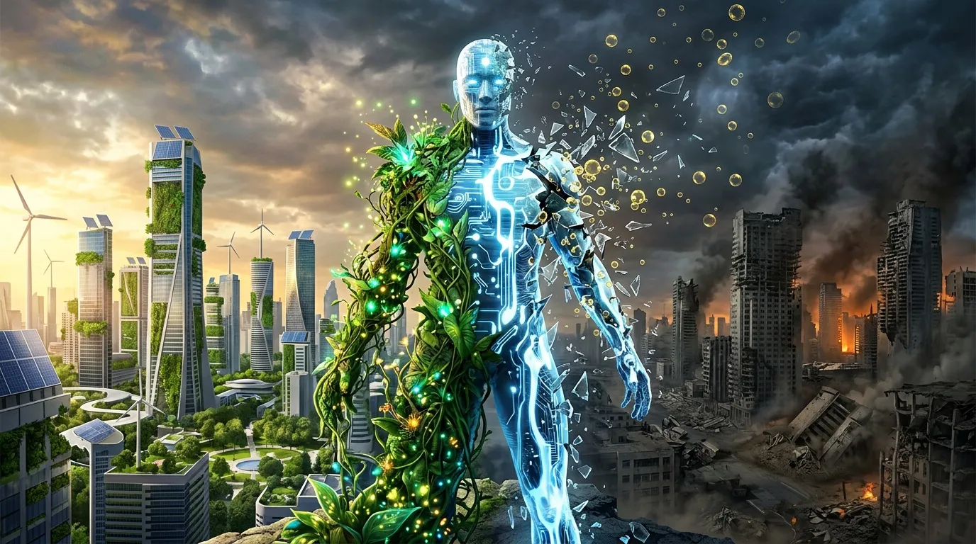 Futuriste montrant transition écologique et technologie numérique.