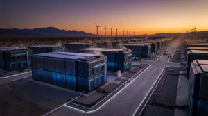 Installations de stockage d'énergie et éoliennes au crépuscule.