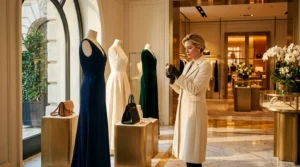 Femme dans boutique haut de gamme examinant accessoires et robes