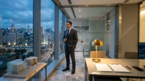 Homme d'affaires dans bureau haut étage avec vue ville