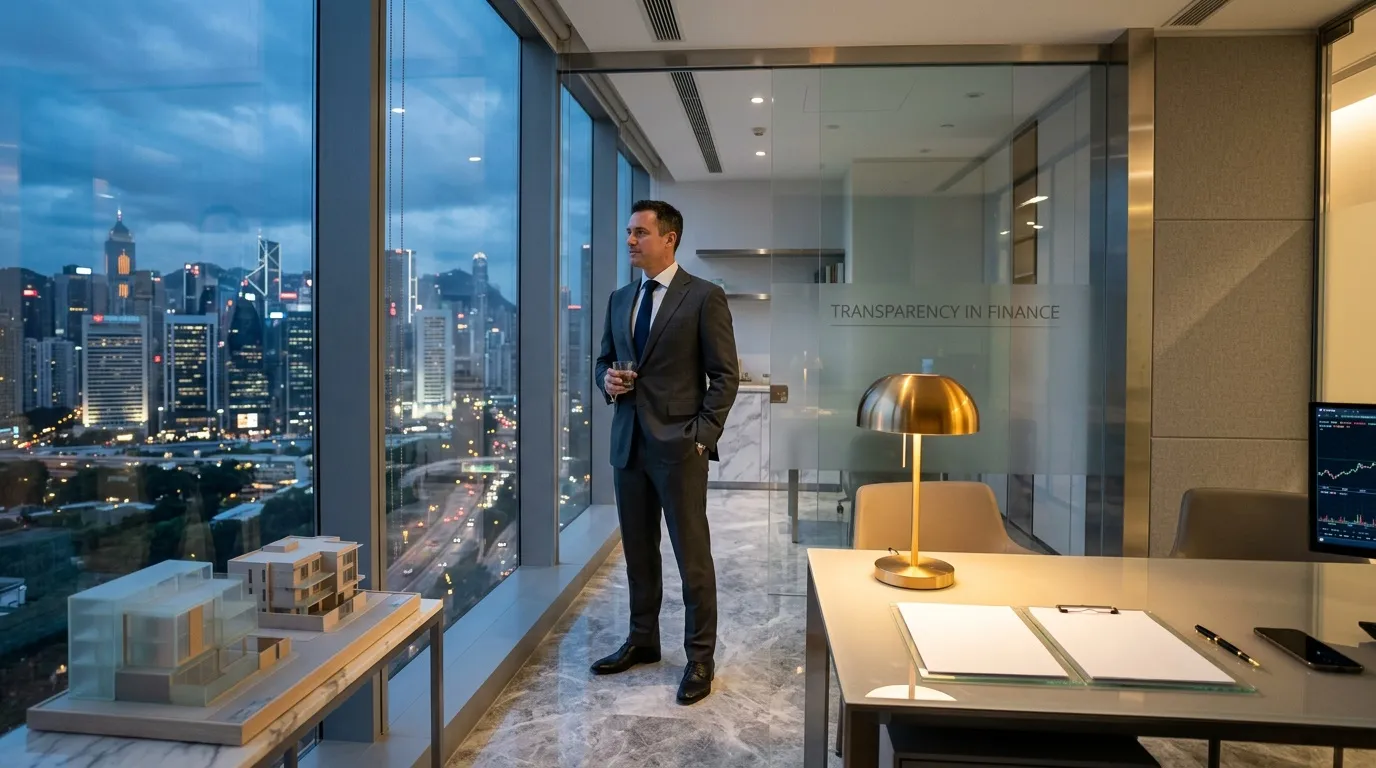 Homme d'affaires dans bureau haut étage avec vue ville