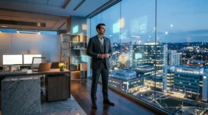 Homme d'affaires en costume dans bureau panoramique