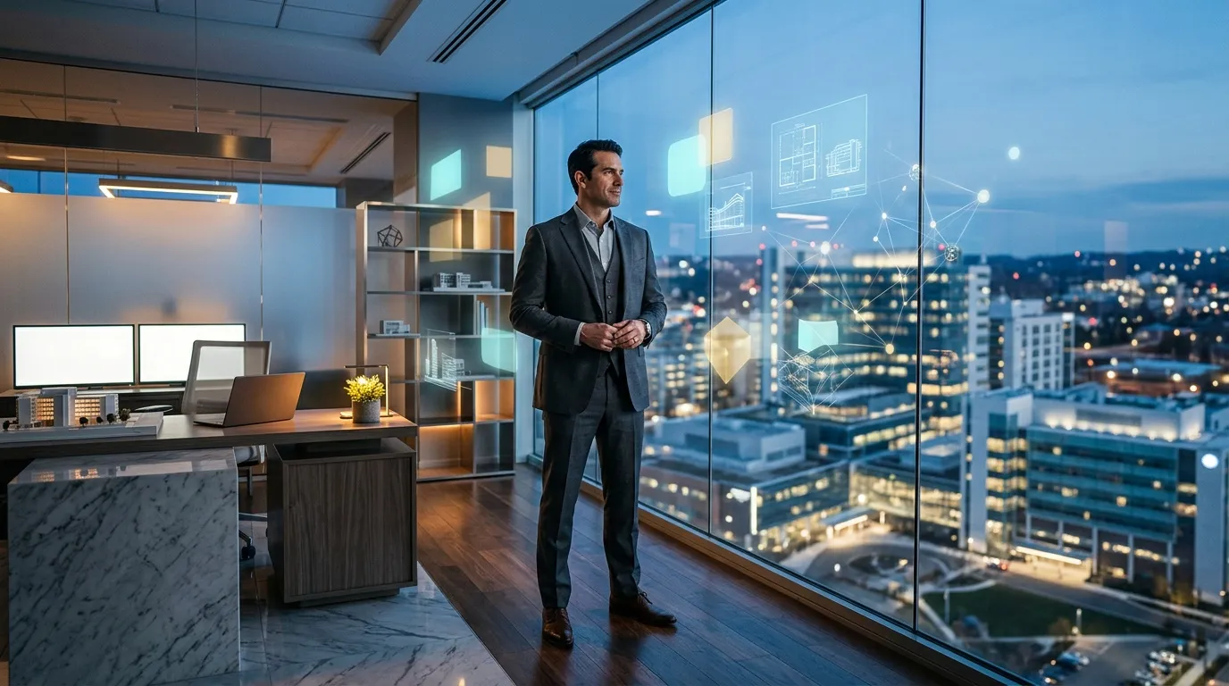 Homme d'affaires en costume dans bureau panoramique