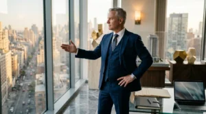 Homme d'affaires en costume bleu devant skyline urbain