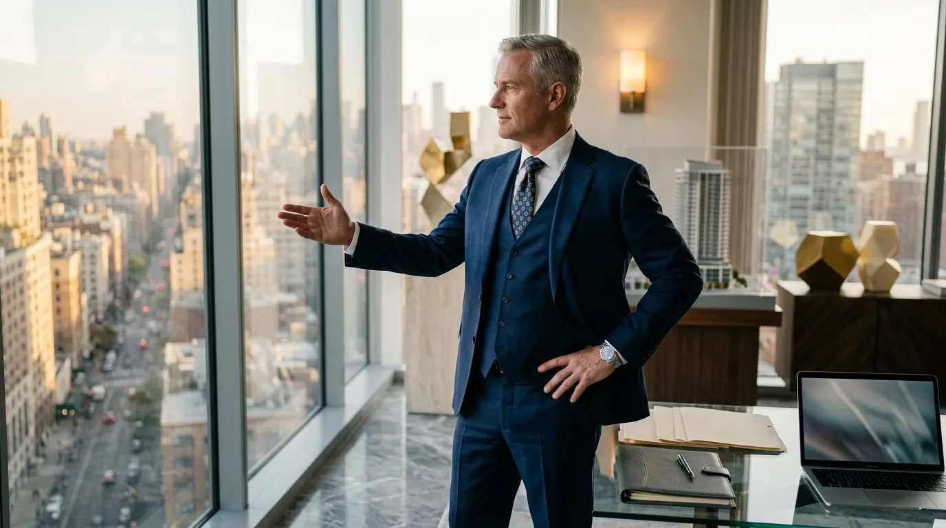 Homme d'affaires en costume bleu devant skyline urbain