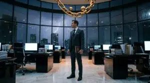 Homme d'affaires seul dans bureau moderne haute tour