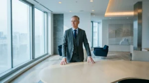 Homme d'affaires en costume dans un bureau haut de gamme