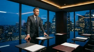 Homme d'affaires dans bureau moderne surplombant ville illuminée