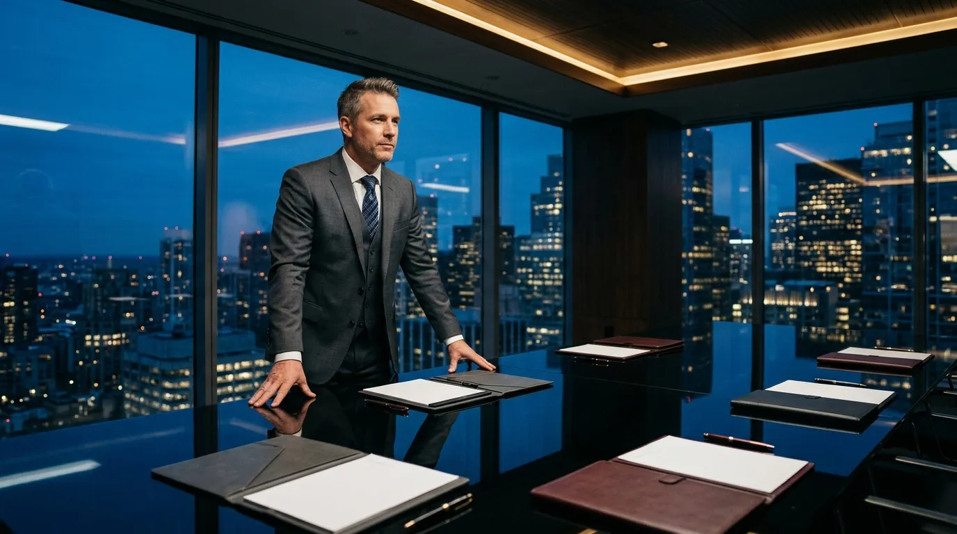 Homme d'affaires dans bureau moderne surplombant ville illuminée