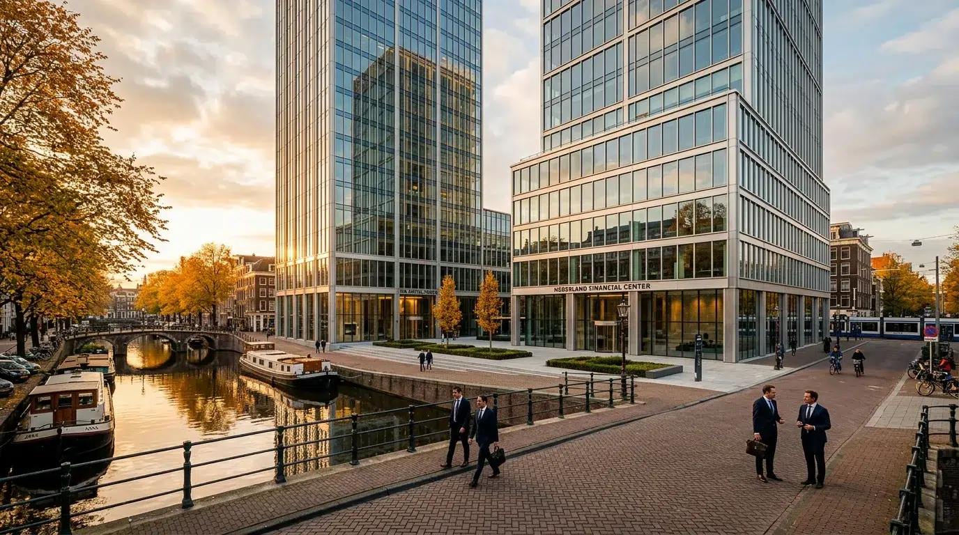 Gratte-ciel contemporain au bord d'un canal urbain, automne