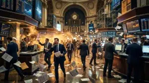 Traders en costume dans une salle de marché agitée, papiers volant.