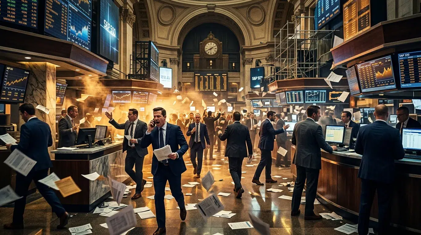 Traders en costume dans une salle de marché agitée, papiers volant.