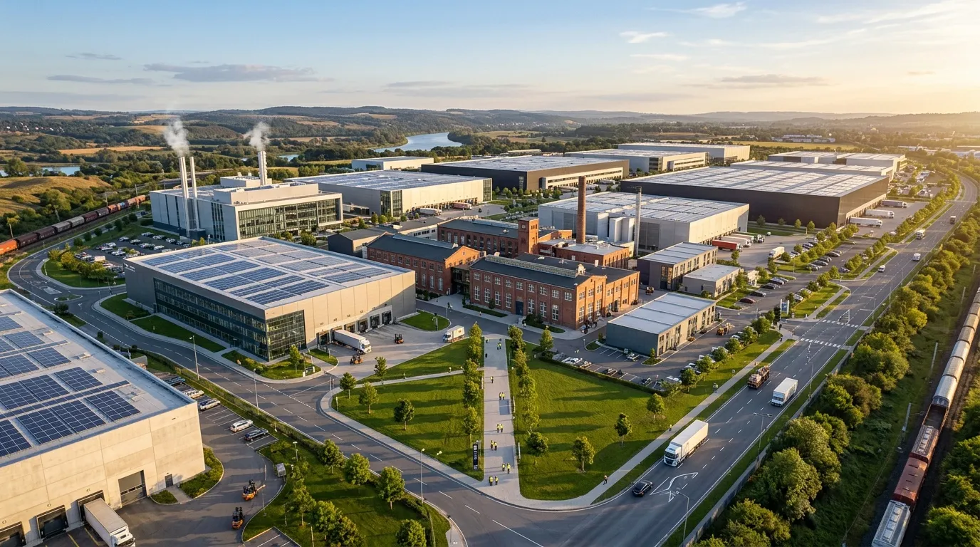 Vue aérienne d'un complexe industriel avec panneaux solaires et espaces verts