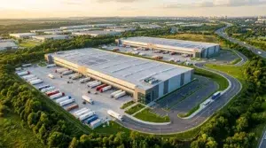 Entrepôts modernes avec camions et panneaux solaires