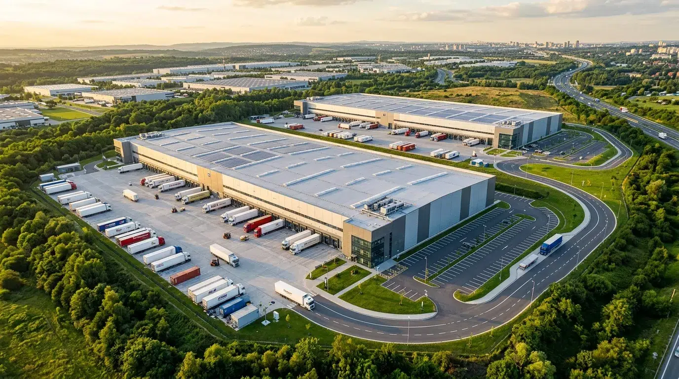 Entrepôts modernes avec camions et panneaux solaires