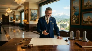Concierge en uniforme bleu dans hall hôtel prestige avec vue montagne