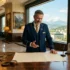 Concierge en uniforme bleu dans hall hôtel prestige avec vue montagne