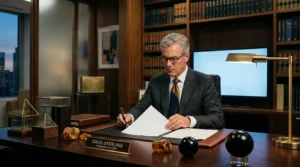 Homme d'affaires signant des documents dans un bureau élégant