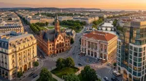 Vue aérienne de Wiesbaden au coucher du soleil avec église et rivière