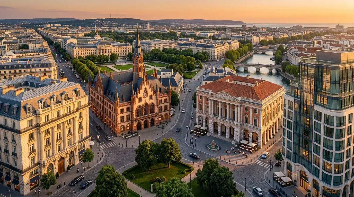 Vue aérienne de Wiesbaden au coucher du soleil avec église et rivière