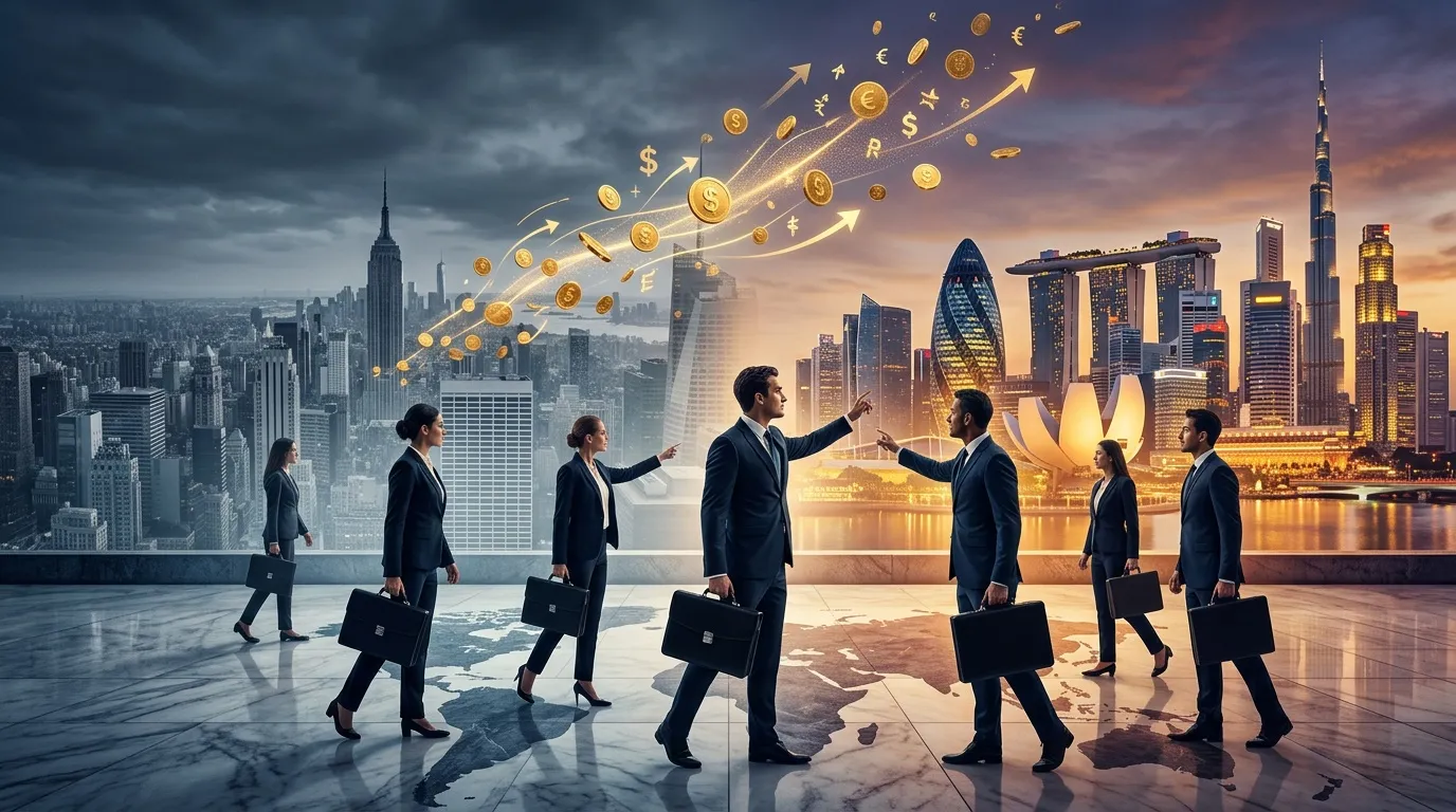 Équipe d'affaires face à symboles financiers ascendants