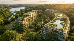 Immeubles écologiques avec toits verts surplombant rivière et forêts