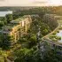 Immeubles écologiques avec toits verts surplombant rivière et forêts