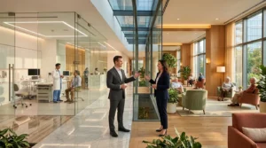 Deux professionnels discutent dans un couloir médical contemporain