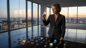 Femme d'affaires examine diamant avec vue panoramique urbaine