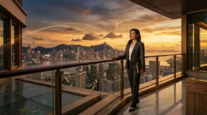 Femme en costume observant le coucher de soleil sur Hong Kong