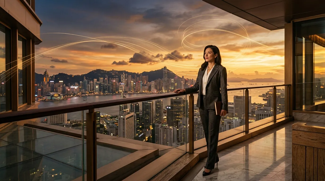 Femme en costume observant le coucher de soleil sur Hong Kong