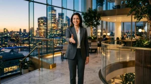 Femme professionnelle en costume gris, souriant, dans immeuble de prestige.