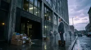 Homme en costume quittant un immeuble de bureaux avec ses cartons