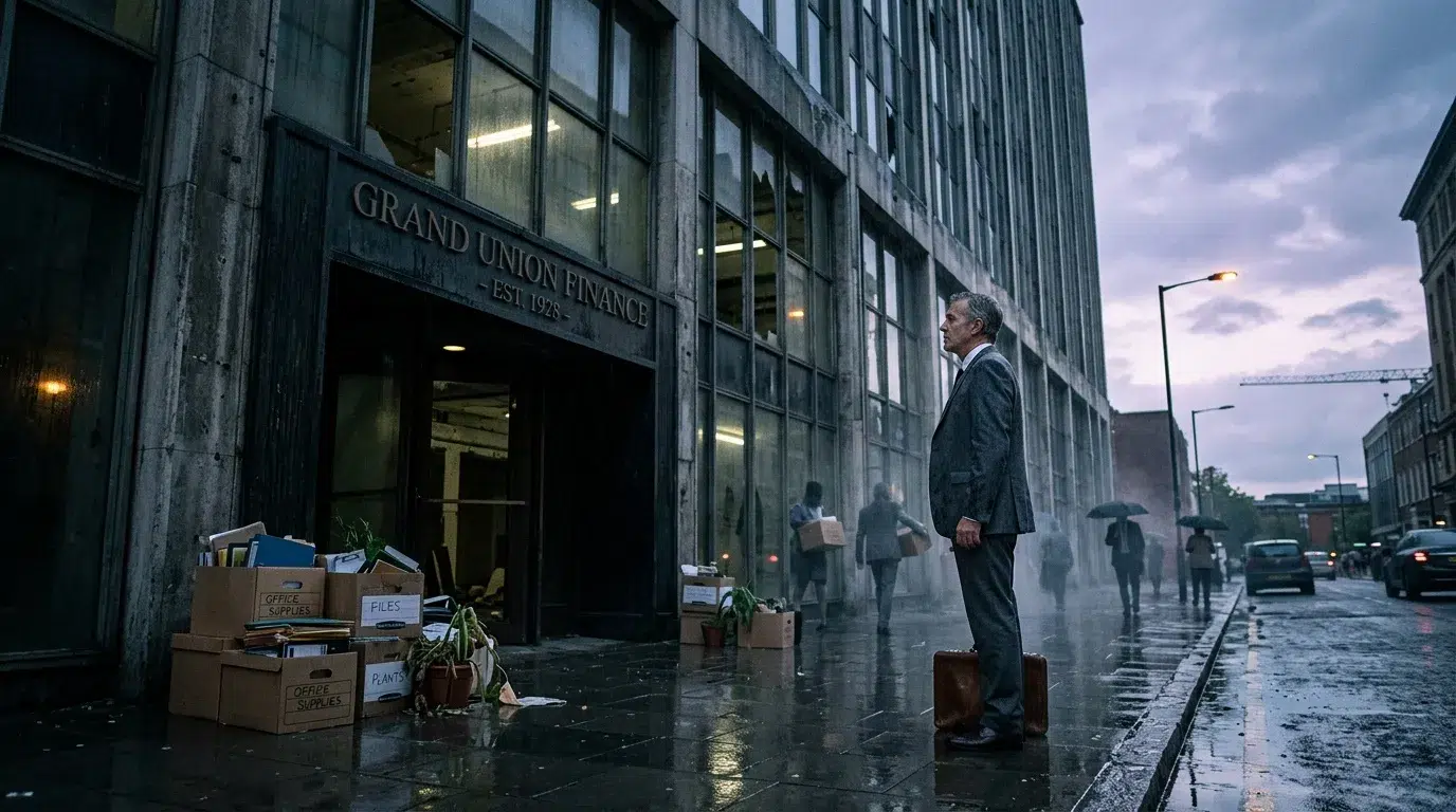 Homme en costume quittant un immeuble de bureaux avec ses cartons