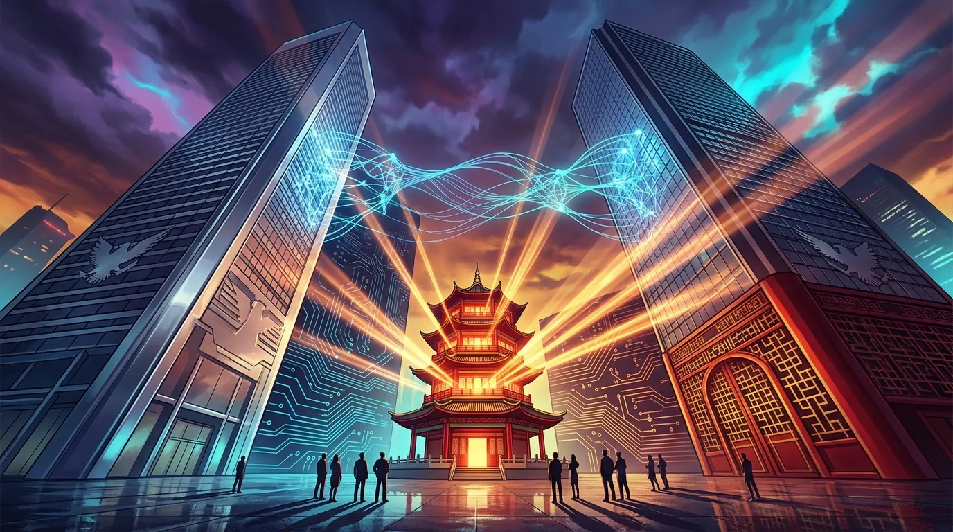 Pagode illuminée entre gratte-ciel futuristes avec énergie numérique