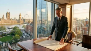 Businessman in suit examining documents with London skyline view