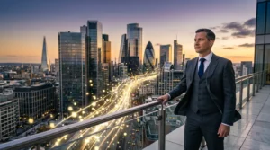Businessman in suit overlooking illuminated cityscape at dusk