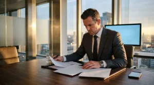 Cadre examine documents au bureau moderne avec vue skyline