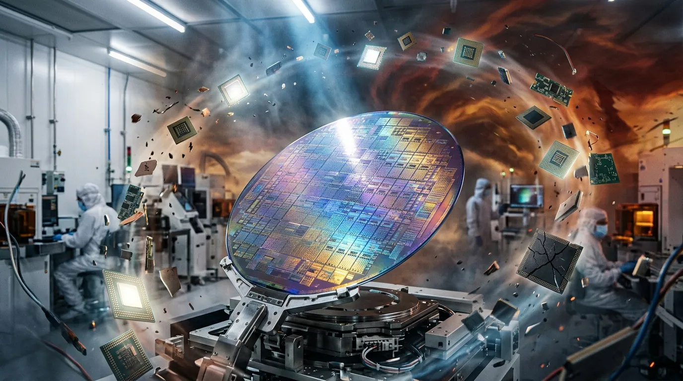 Wafer silicium et composants électroniques dans laboratoire futuriste