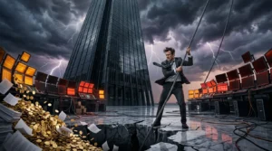 Homme en costume tirant une corde devant tour et pluie d'or